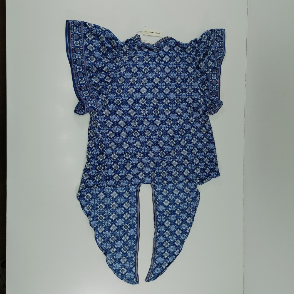 Max Studio Blouse Tie Front Blue‎ Patterned Ruffle Sleeve Size M Pull Over - Picture 2 of 9